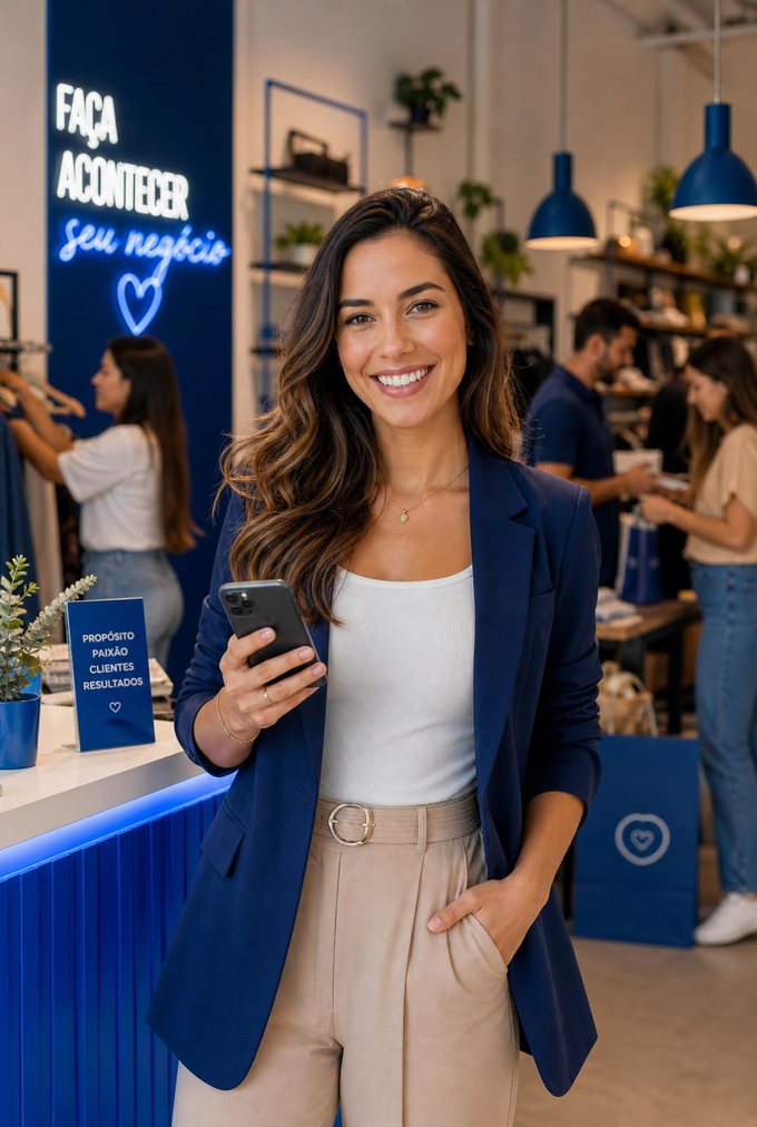 Empreendedora sorrindo usando a melhor maquininha de cartão para o seu negócio, com a confiança da Cielo
